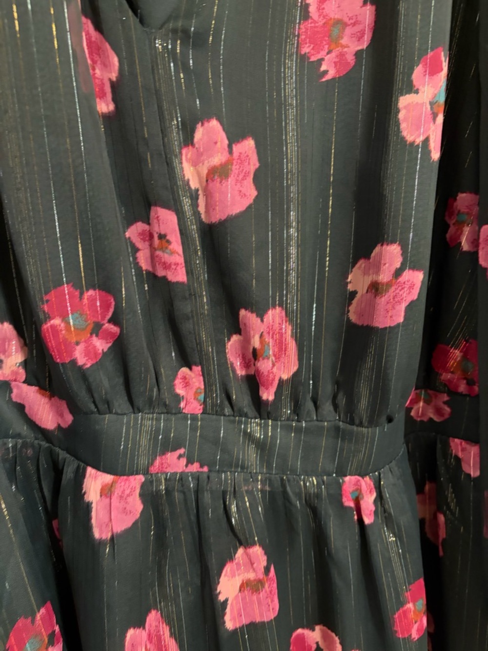 LOFT Floral V-Neck Long Sleeve Maxi Dress in Green with Pink Flowers - Picture 4 of 6